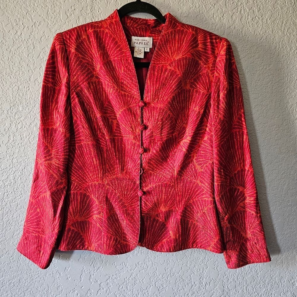 Adrianna Papell Red Patterned Mandarin-Style Jacket Size 6